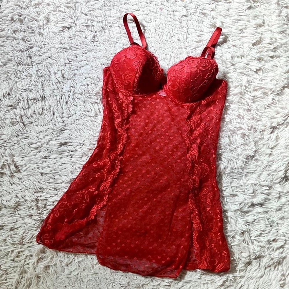 Red Hot Sexy Polka Dot Lace Retro‎ Pinup Sexy Sheer Power Lingerie Slip Womens M
